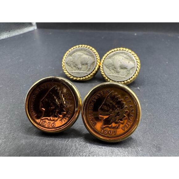 Vtg Buffalo Nickel Gold Rope Bezel Coin 1906 & 1907 Indian Head Penny Cuff Links - Picture 2 of 10
